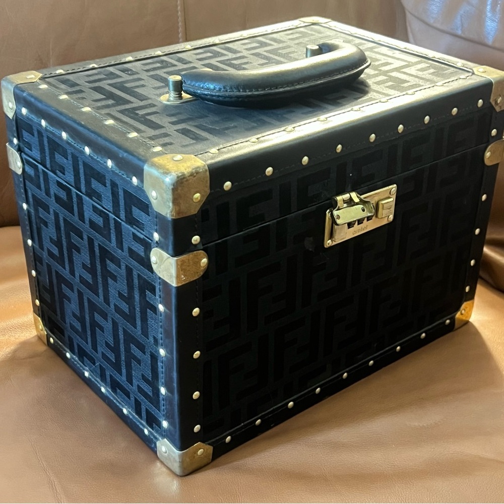 Rare Vintage Fendi Black Jacquard/Leather/Brass Zucca Jewelry Vanity Train Case